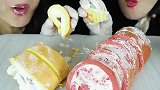 美女试吃草莓奶油蛋糕卷、混合水果奶油蛋糕卷