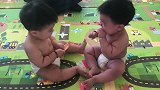双胞胎为抢一块橘子皮开启怒吼模式，打架模样让边上妈妈都笑疯了