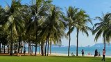 蓝天白云，沙滩大海，椰树草地，温度26度