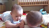 两个粉妆玉琢的婴孩，哥哥摸摸弟弟的头，真的好精致啊！