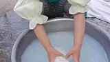小女孩给兔子洗澡，再用毛巾给兔子擦干
