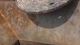 工人将井盖丢进搅拌机内，搅拌机几下将其搅碎