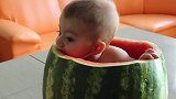 小宝宝被装进大西瓜里，一边乘凉一边吃瓜，舒服又可爱