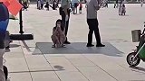 兵哥哥正在执勤，美女蹲在地面休息