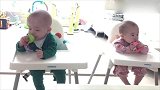 双胞胎宝宝乖乖坐着吃东西，这吃相简直萌翻了