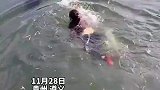 老人落水漂浮在水面，情况紧急，女子毅然跳入水中救人