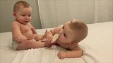 肉嘟嘟的双胞胎宝宝抢零食，这是我见过的最萌的抢食版本了！