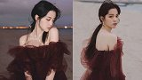 欧阳娜娜着酒红色薄纱礼服漫步海边 发丝随风飘舞秀天鹅颈
