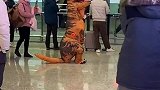孩子穿恐龙服接机，大恐龙有爱互动