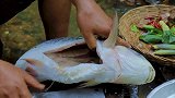 荒野小伙野溪抓获大肥鱼，午餐烹饪一大锅鱼肉，吃起来太美味了！