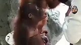 男子给猴子喂水，猴子配合十分默契