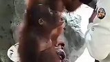男子给猴子喂水，猴子配合十分默契