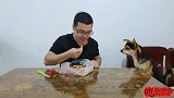 男子试吃狗狗专用火腿肠，狗嘴夺食好刺激，把狗气坏了