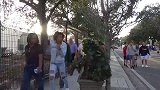 假扮树人故意向路人伸手，路人被吓一跳
