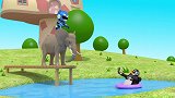 迷你特工队：弗特骑大象，赛米骑白马一起去玩跳水