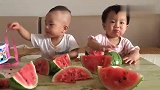 两个小宝宝一起吃西瓜,弟弟一直挑来挑去的,好搞笑！
