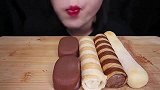 美女试吃巧克力脆皮冰淇淋、冰淇淋条（巧克力、香草米糕口味）