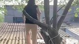 女子在屋顶摘果子，下一秒人不见了