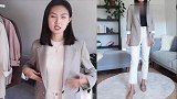初春流行的绿色西装，很适合奔三奔四女人，配棕色衬衫大方显高级