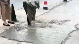 小男孩无意踩进修路的混凝土中无法自拔