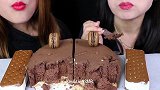 美女试吃巧克力慕斯蛋糕、马卡龙