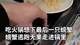 吃火锅想下最后一只螃蟹，螃蟹逃跑无果走进锅里