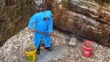 工作人员用铁铲，清理许愿池内的硬币