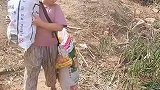 家长带孩子在山火现场做志愿者清理垃圾打包下山男孩身背一袋