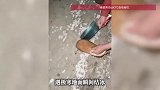 女生下车时秒被“封印”，鞋底水渍瞬间结冰，无奈脱鞋取菜刀撬开