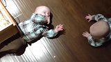 一个宝宝被压在桌子下，另一个无动于衷，真是亲兄弟呀！
