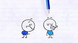 儿童铅笔动画：铅笔人出门玩耍，在街上碰到一个有胡子的铅笔人