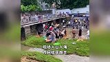 广东一水库泄洪后村民不顾劝阻冲过围栏抓鱼，拍摄者：之前有人摔伤