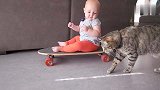 小baby玩滑板，玩嗨了载上猫咪一起耍，萌的不要不要的