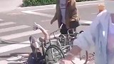 老人过马路从轮椅上摔下