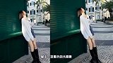 大美人秦岚街拍照片，穿针织开衫牛仔短裙，衣角塞一半显高又时髦
