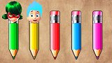 给不同的卡通形象头部找到颜色一致的铅笔，少儿双语解说