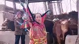 女子在牛棚表演刀马旦，将道具刀高高抛起然后稳稳接住！