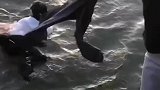 一名女子不慎落水众人互相拉手，最终将女子拉上岸