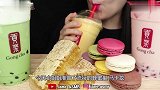 韩国美女吃蜂巢蜜搭配三种口味奶茶，听听这诱人的咀嚼声
