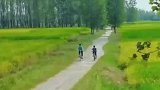 两个孩子在田间路上并肩骑行
