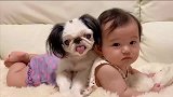 这也太可爱了吧！小萌娃和小奶狗趴在一起，露出这样的表情！