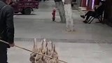 大爷赶着一群鸭子沿街售卖
