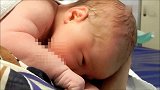妈妈给刚出生宝宝第一次哺乳，宝宝充分的表现出一个人的天生本领
