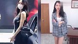 韩国性感车模一头乌黑的长发，一袭黑色短裙，很是迷人！