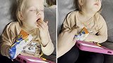 英国2岁女童不停打瞌睡 仍努力保持清醒想要吃完零食