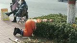 环卫工清除绿化带垃圾，整个身体都埋进去，以后再也不乱扔垃圾了