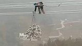 电网高空工作人员，高空中走钢丝作业