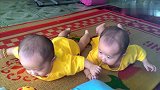 双胞胎趴地上抬头望向妈妈，下一秒神同步张开四肢摆出起飞动作！