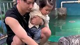 爸爸抱着宝宝近距离接触海豹