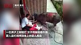 广东一女子屋外哄娃突遭疯牛袭击 惊险瞬间女子拼死蹬牛护娃